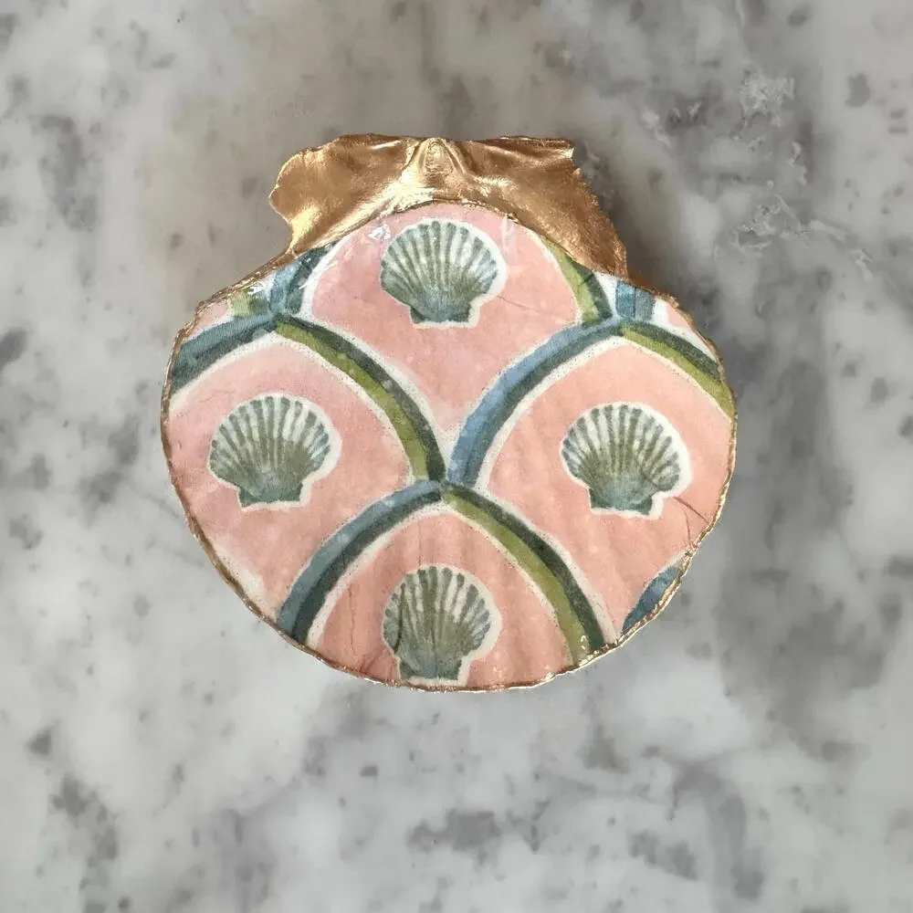 Shell Trinket Dish with Peach Scallop Design, Coastal Ring Holder